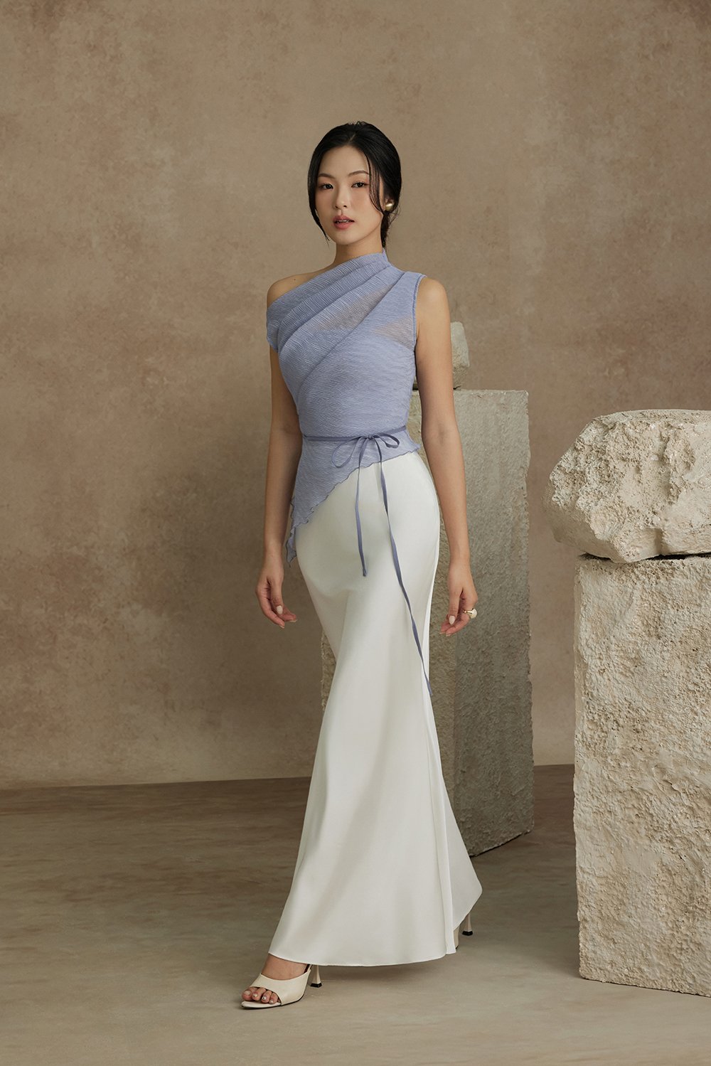 Aria Asymmetrical Pleated Top with Padded Tube in Smokey Blue