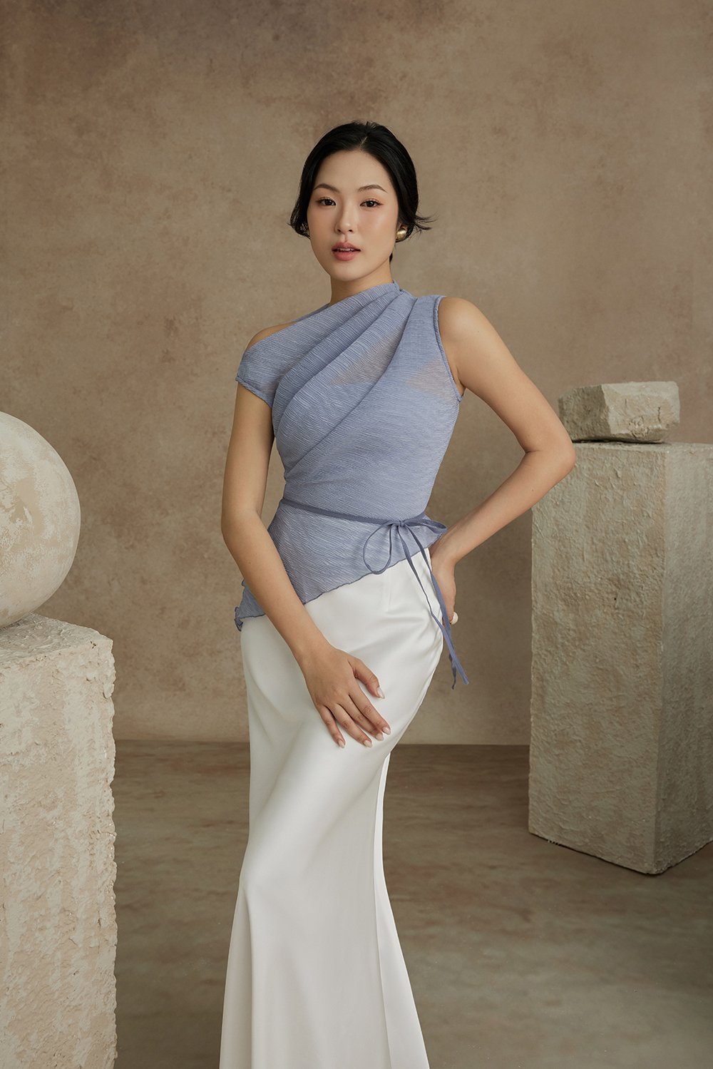 Aria Asymmetrical Pleated Top with Padded Tube in Smokey Blue