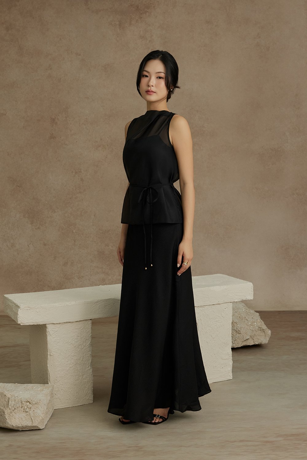 Athena Organza Overlay Camisole Maxi Dress in Classic Black