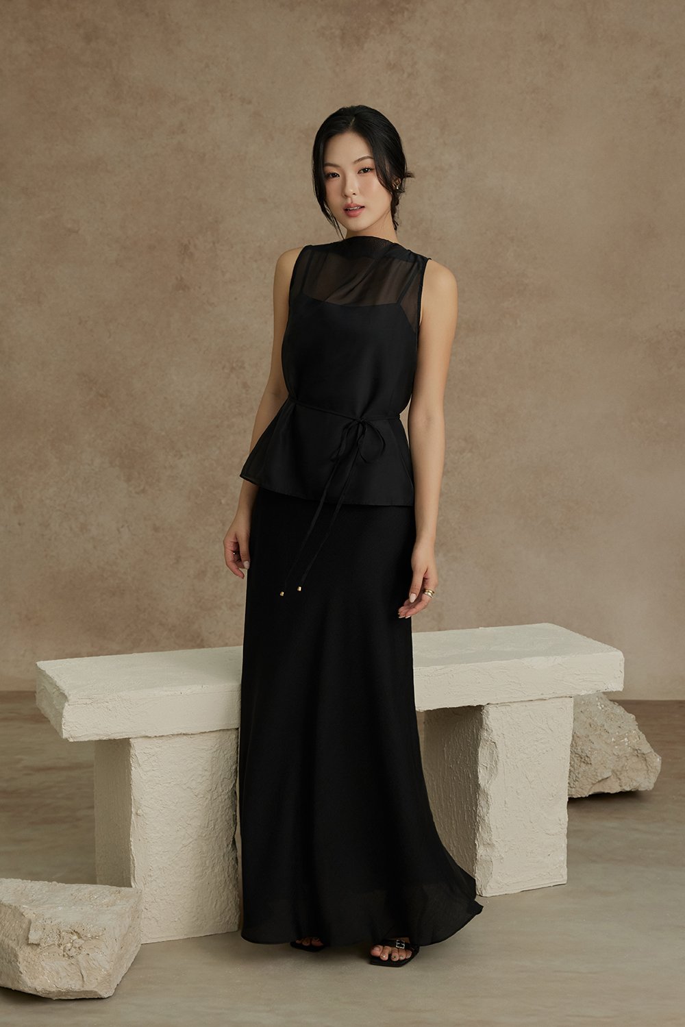 Athena Organza Overlay Camisole Maxi Dress in Classic Black