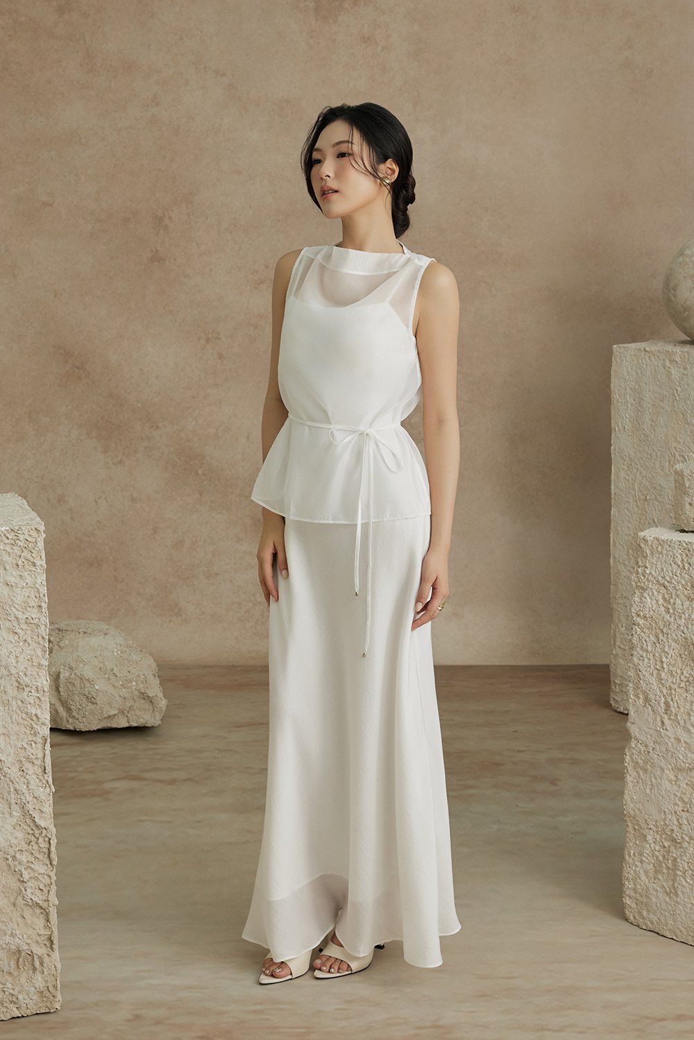 Athena Organza Overlay Camisole Maxi Dress in Iconic White