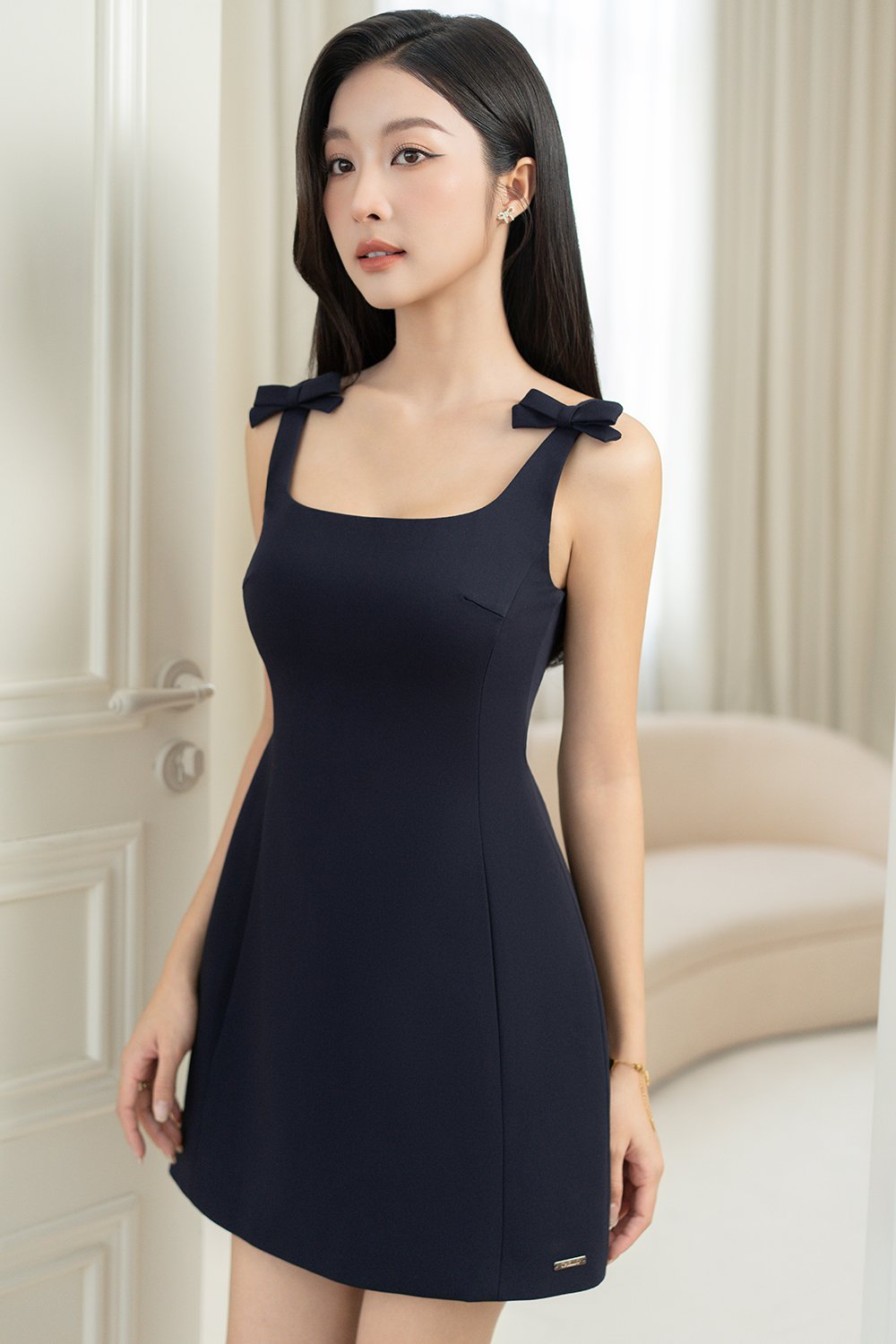 Blanche Padded Bow Straps Mini Dress in Navy Blue