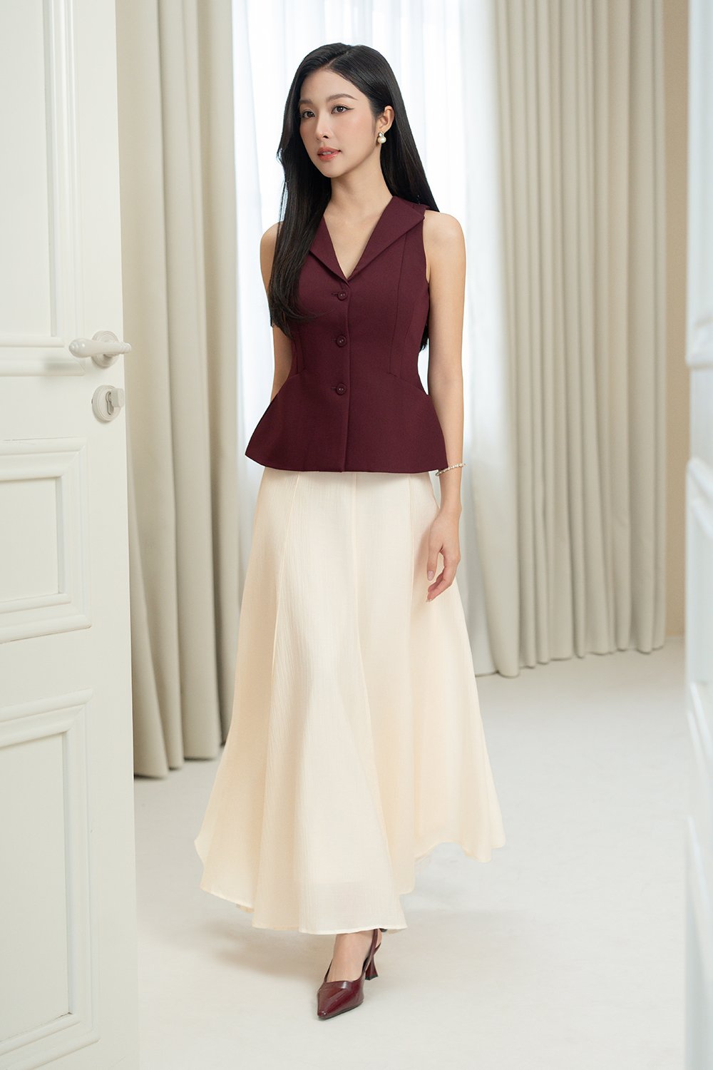 Cadena Tailored Peplum Top in Wine Red