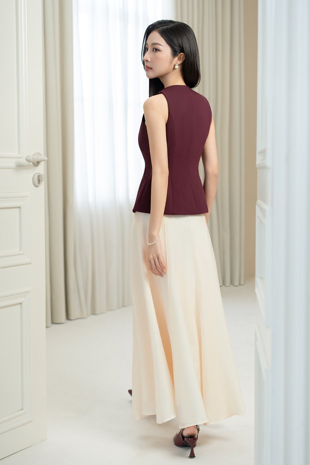 Cadena Tailored Peplum Top in Wine Red