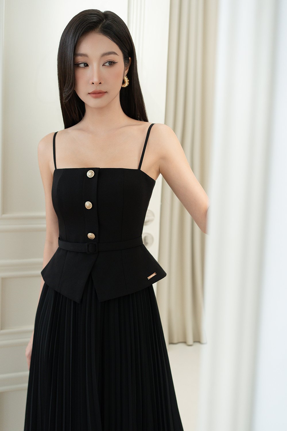 Cyrille Padded Peplum Pleated Dress in Classic Black