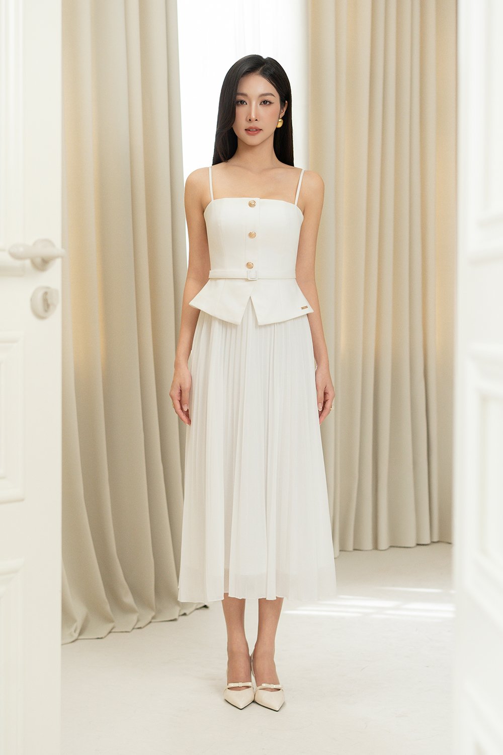 Cyrille Padded Peplum Pleated Dress in Iconic White