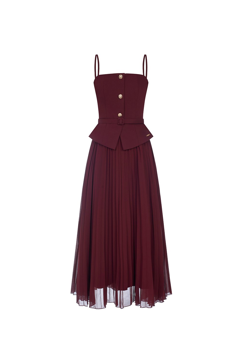 Cyrille Padded Peplum Pleated Dress in Wine Red