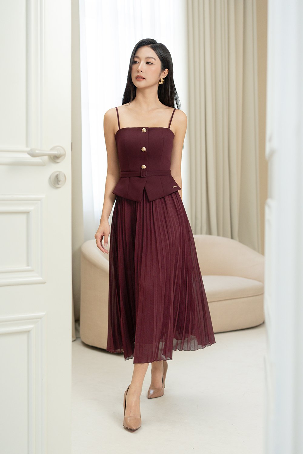 Cyrille Padded Peplum Pleated Dress in Wine Red