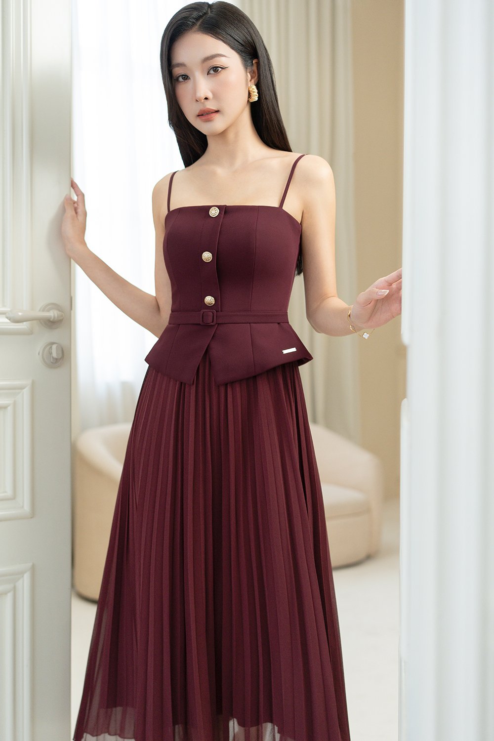 Cyrille Padded Peplum Pleated Dress in Wine Red