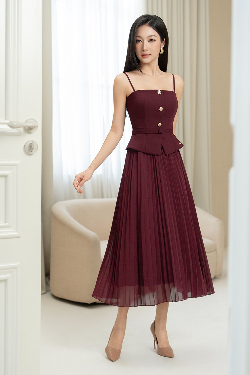 Cyrille Padded Peplum Pleated Dress in Wine Red