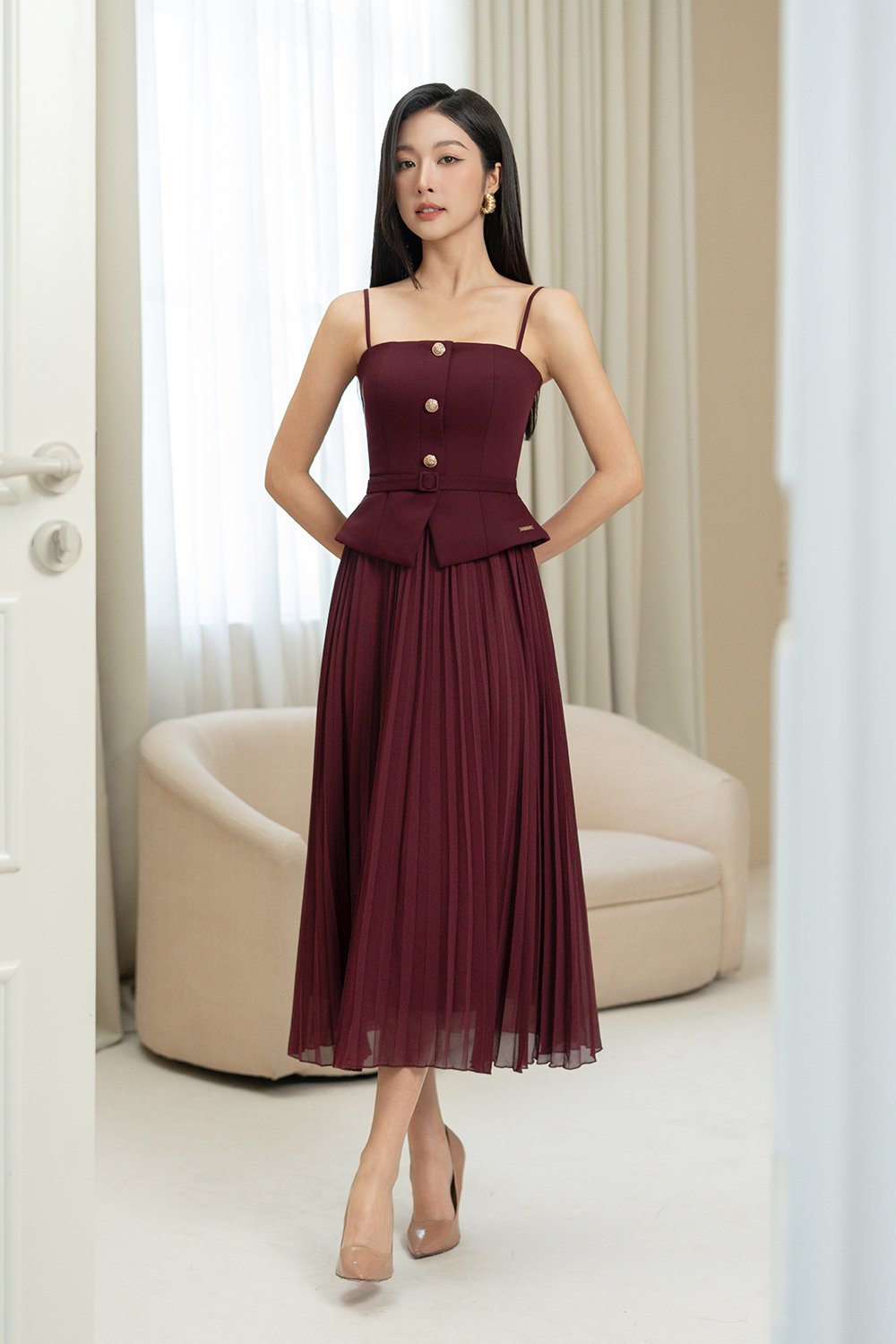 Cyrille Padded Peplum Pleated Dress in Wine Red