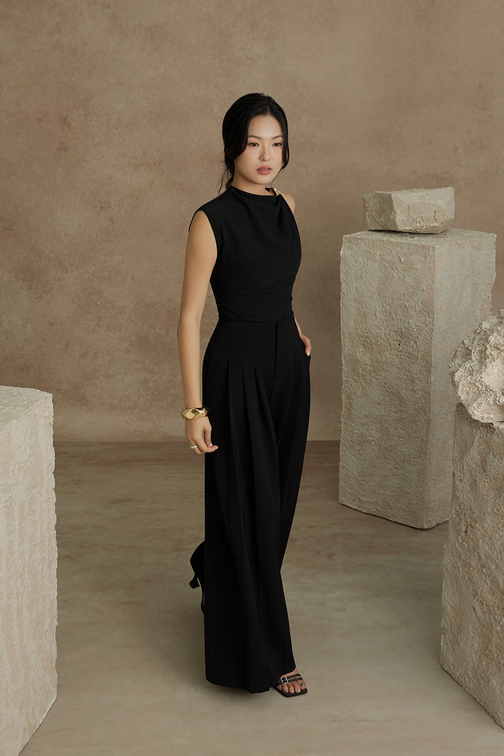 Deonna Wide Leg Pants With Pleats in Classic Black