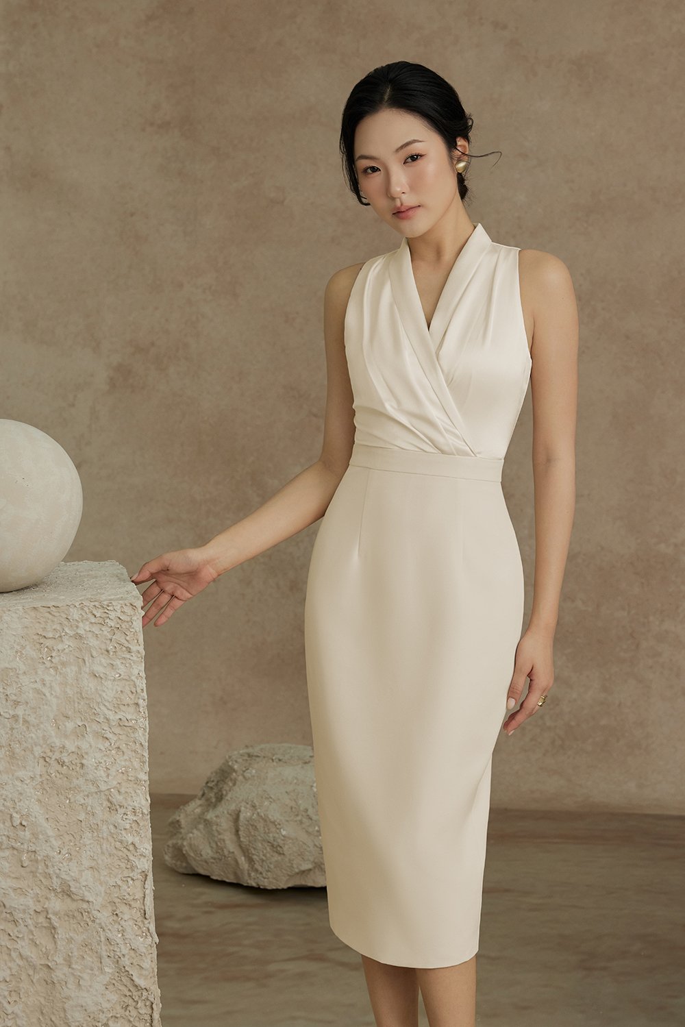Ethel Satin Wrap Pencil Dress in Cream