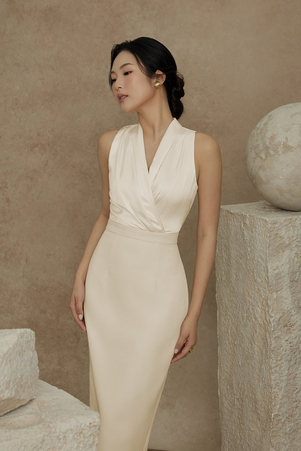 Ethel Satin Wrap Pencil Dress in Cream