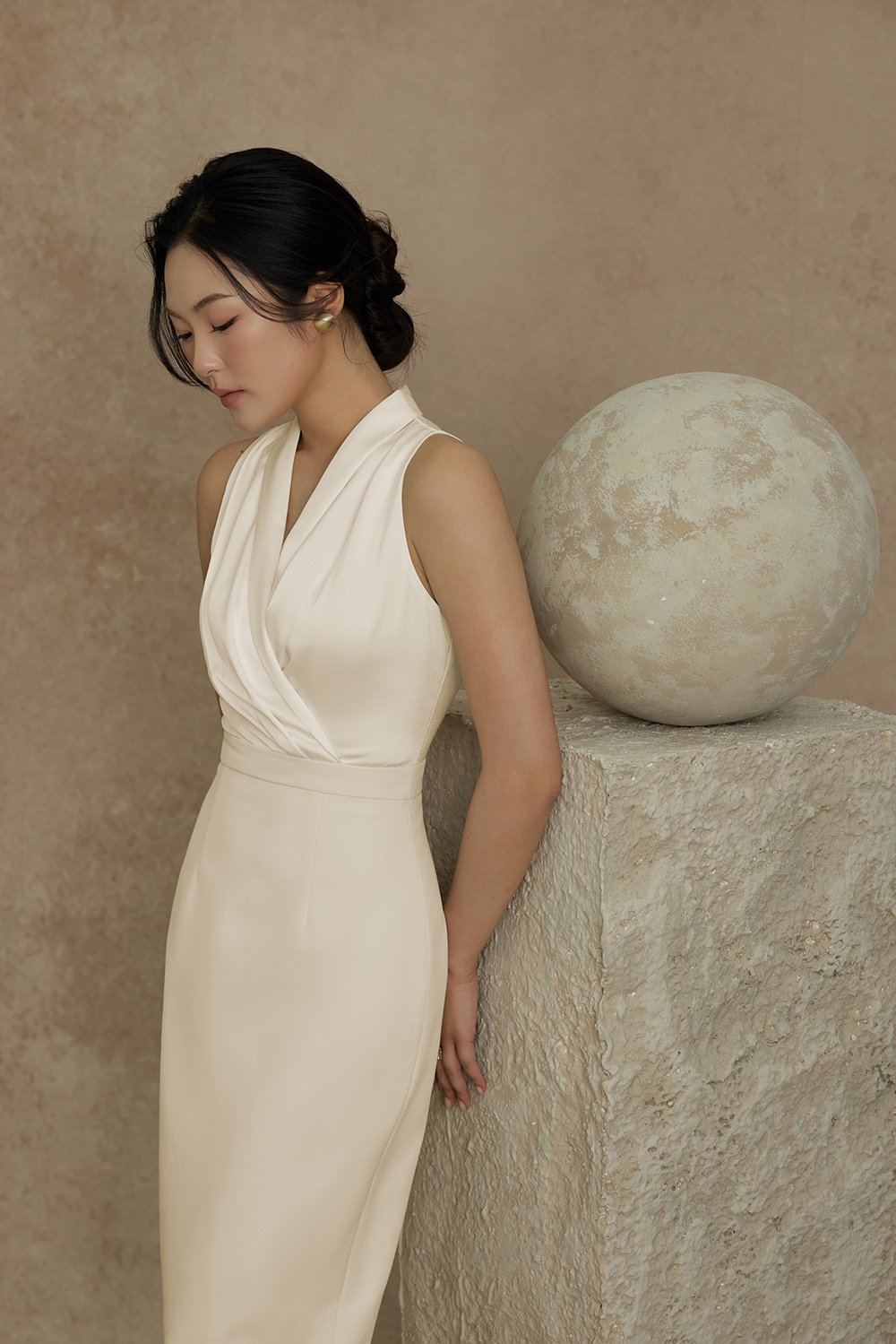Ethel Satin Wrap Pencil Dress in Cream