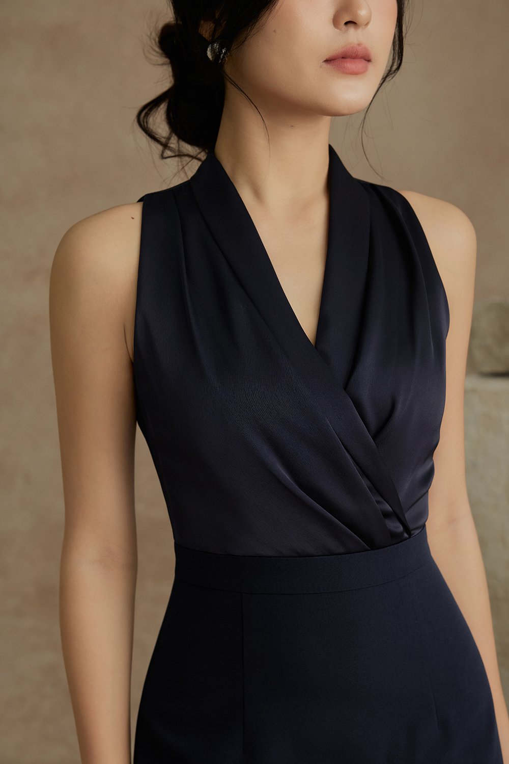 Ethel Satin Wrap Pencil Dress in Navy Blue