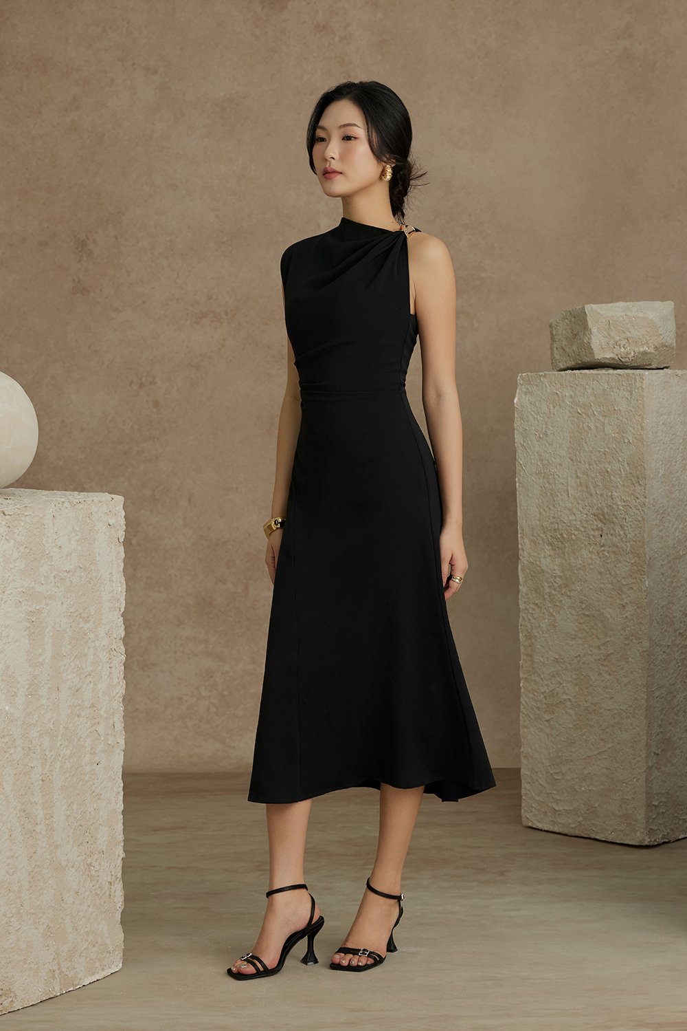 Iona Asymmetrical Shoulder Dress in Classic Black