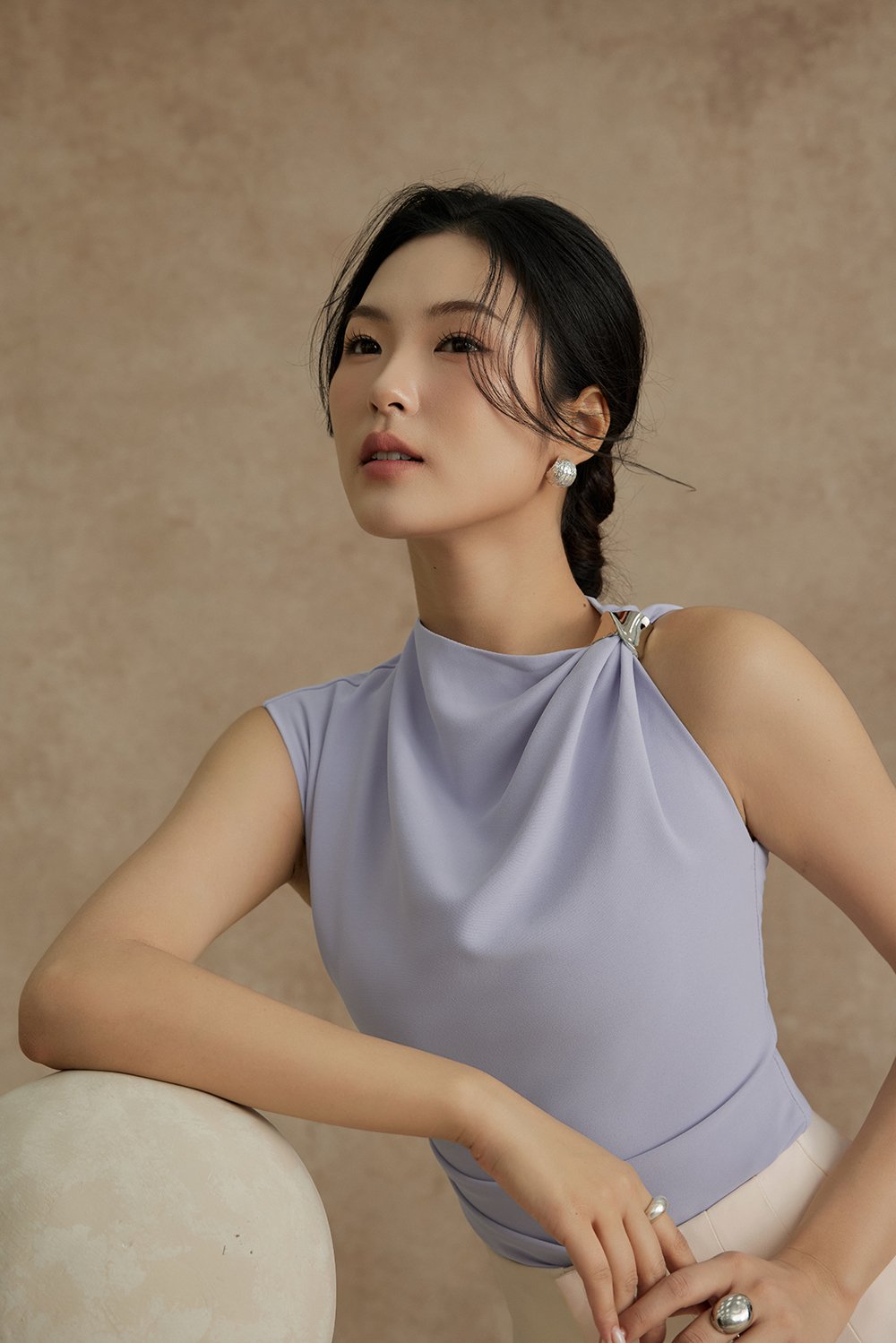 Isa Asymmetrical Shoulder Drape Top in Powder Blue