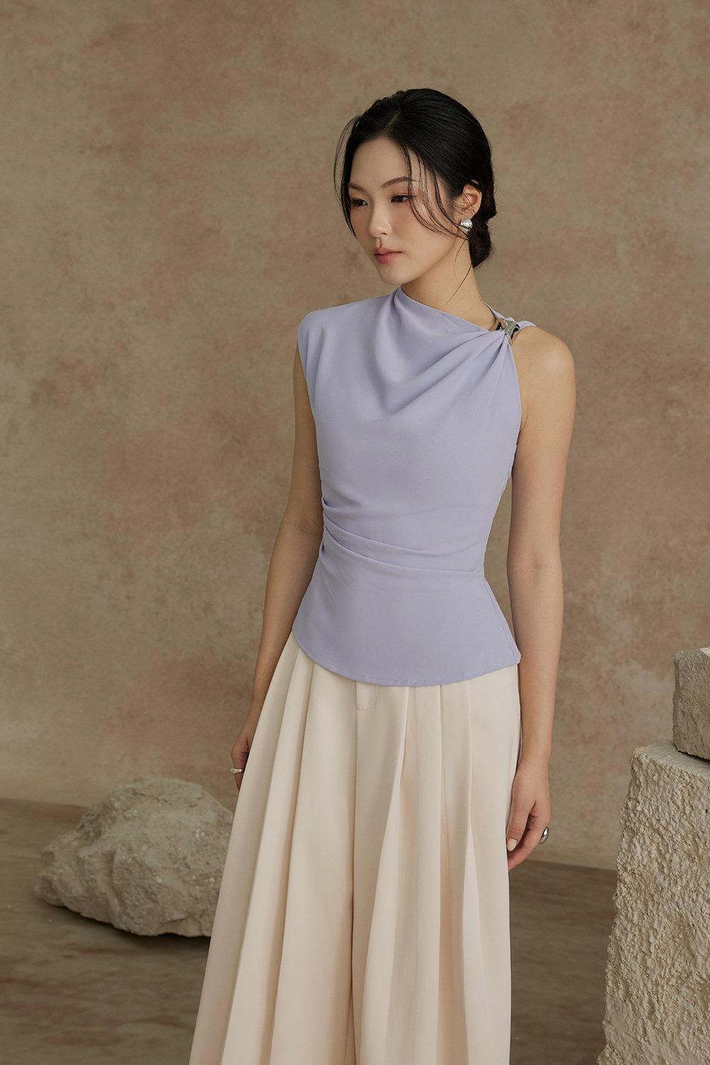Isa Asymmetrical Shoulder Drape Top in Powder Blue