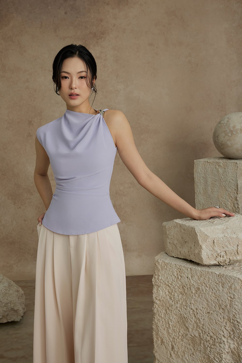 Isa Asymmetrical Shoulder Drape Top in Powder Blue
