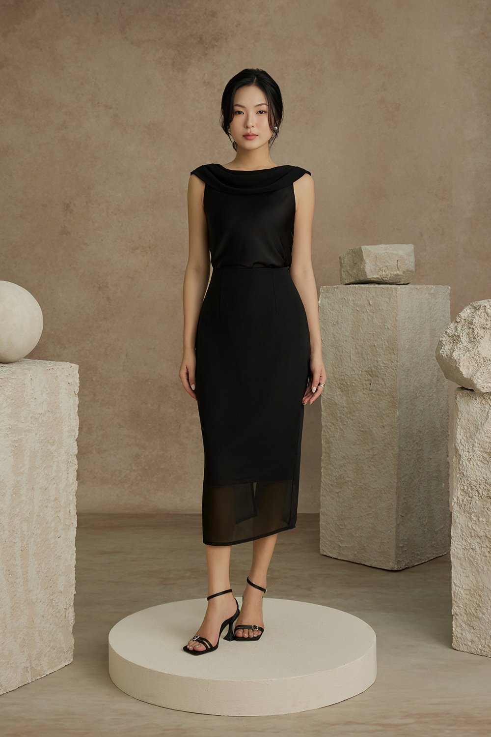 Julia Cowl Drape Satin Top in Classic Black