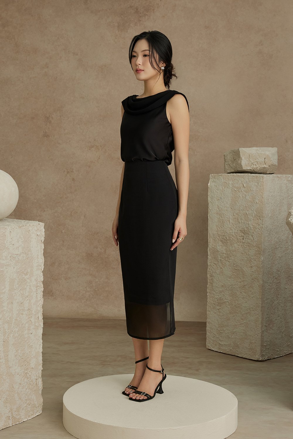 Julia Cowl Drape Satin Top in Classic Black
