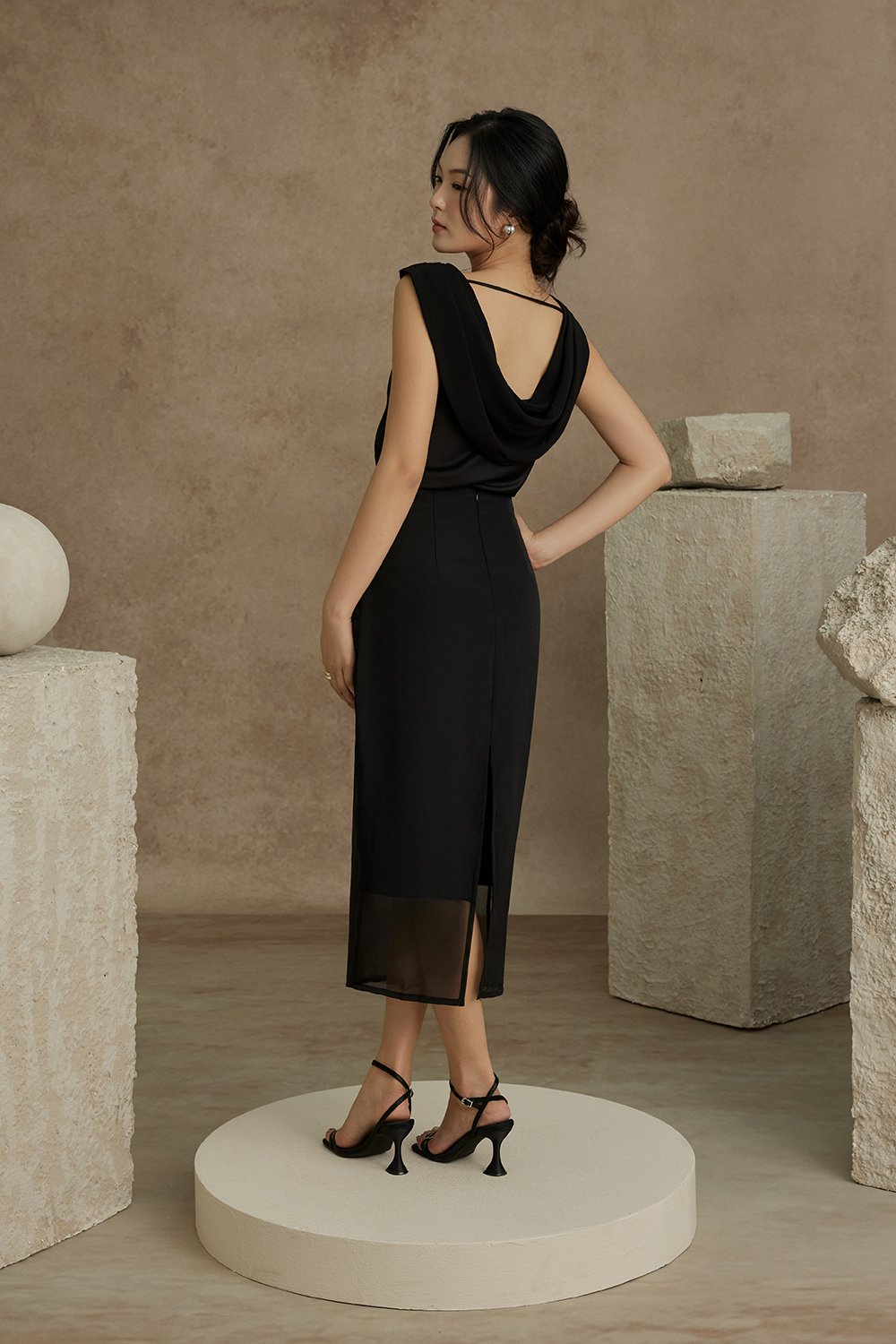 Julia Cowl Drape Satin Top in Classic Black