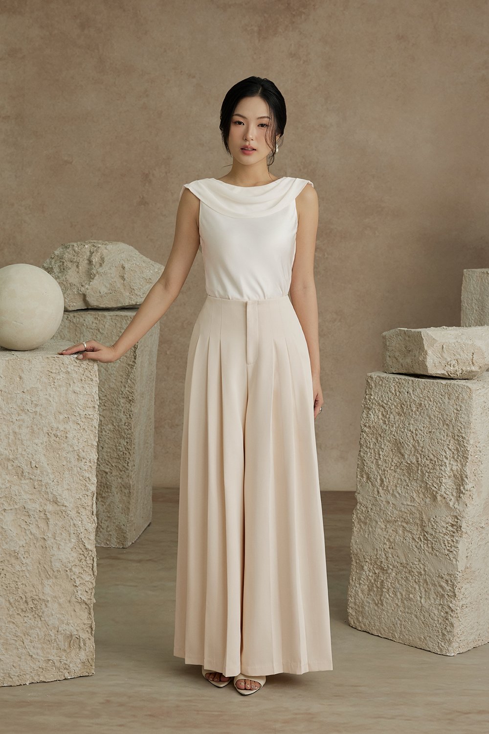 Julia Cowl Drape Satin Top in Iconic White
