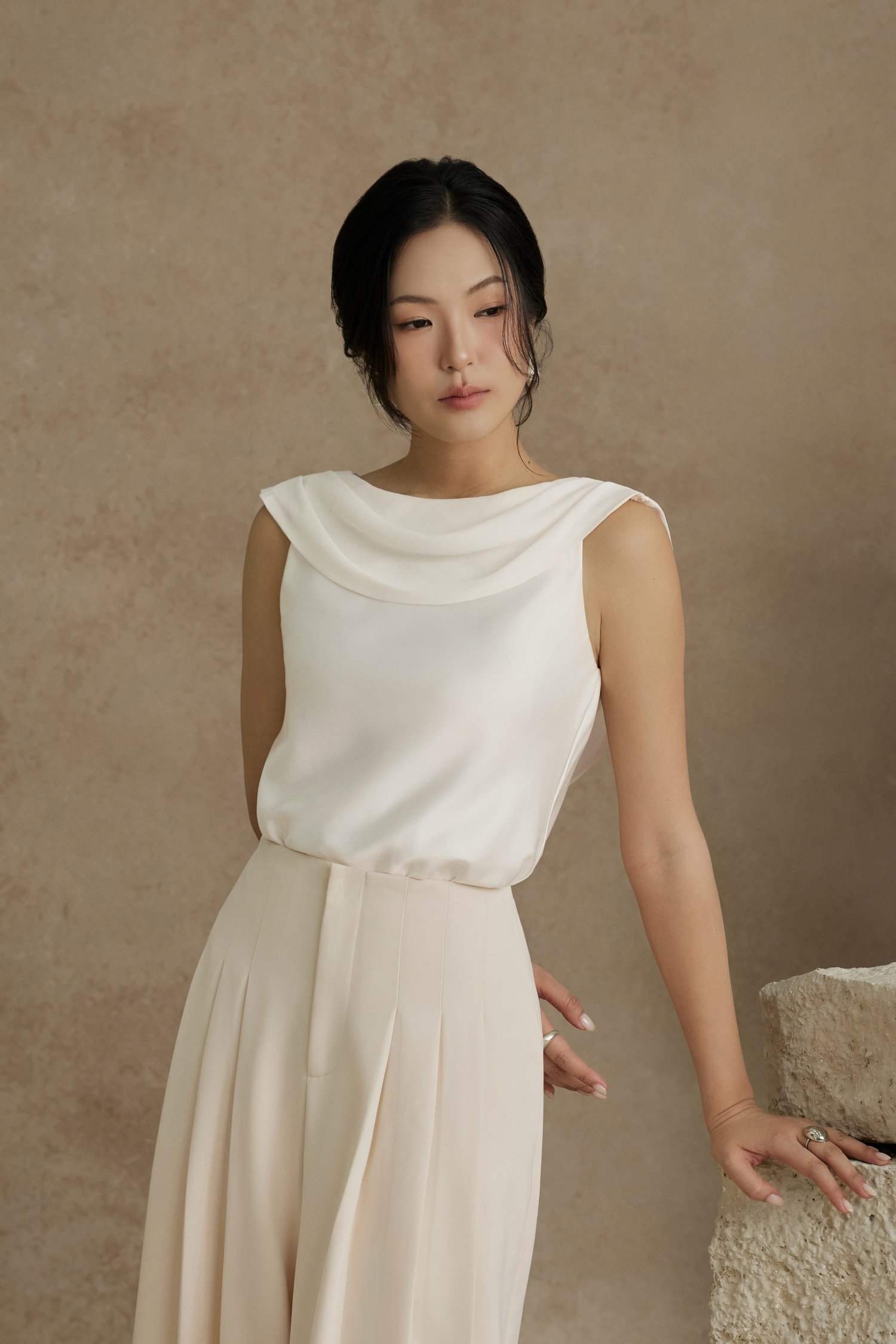 Julia Cowl Drape Satin Top in Iconic White