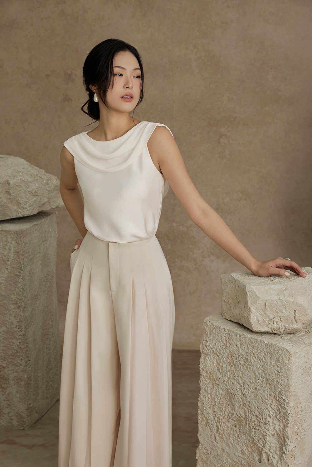 Julia Cowl Drape Satin Top in Iconic White