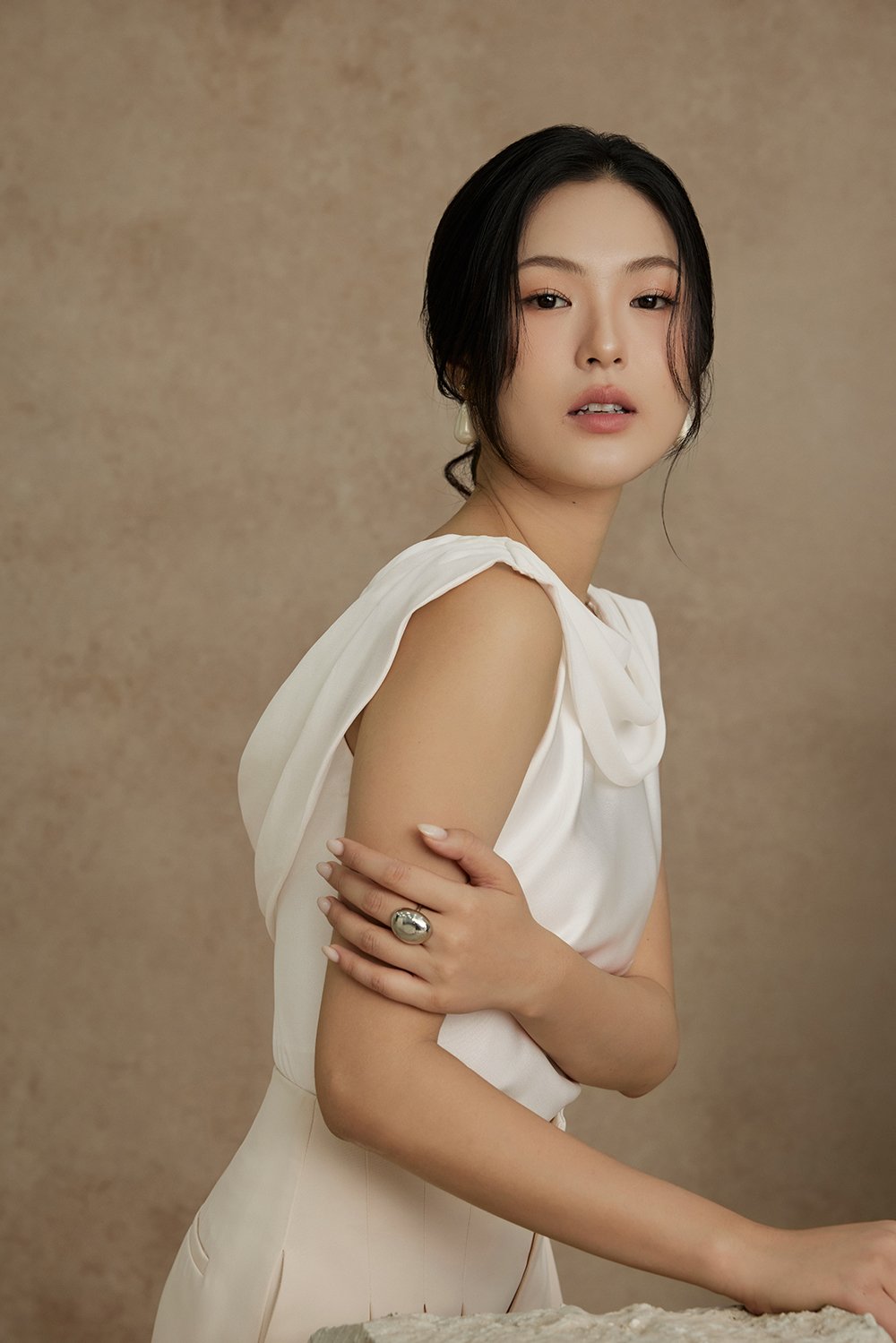 Julia Cowl Drape Satin Top in Iconic White
