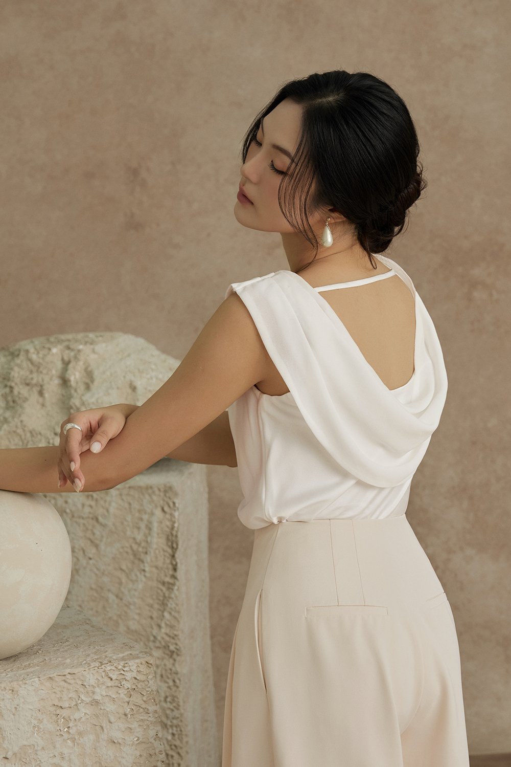Julia Cowl Drape Satin Top in Iconic White