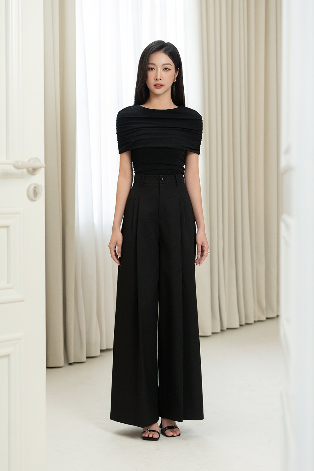 Monica Ruched Cape Jersey Top in Classic Black