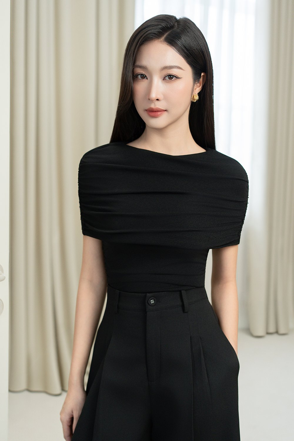 Monica Ruched Cape Jersey Top in Classic Black