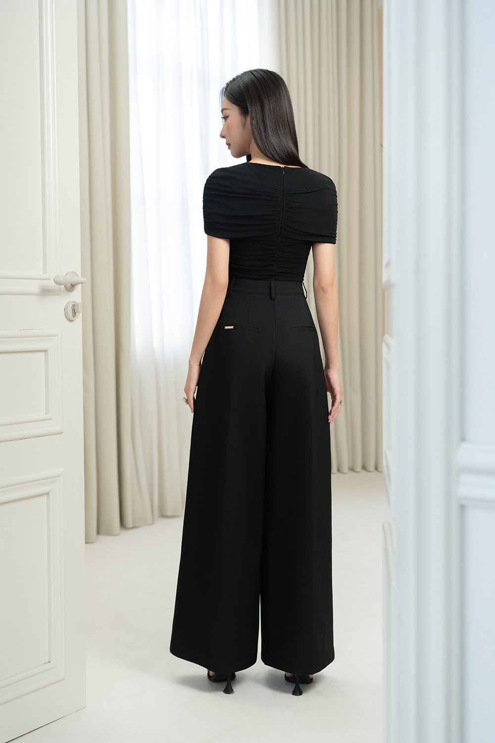 Monica Ruched Cape Jersey Top in Classic Black