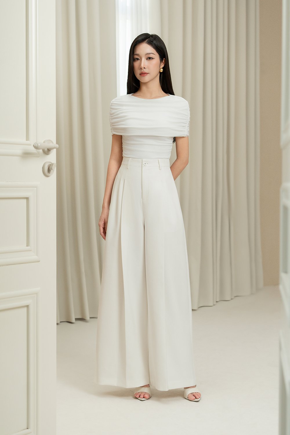Monica Ruched Cape Jersey Top in Iconic White