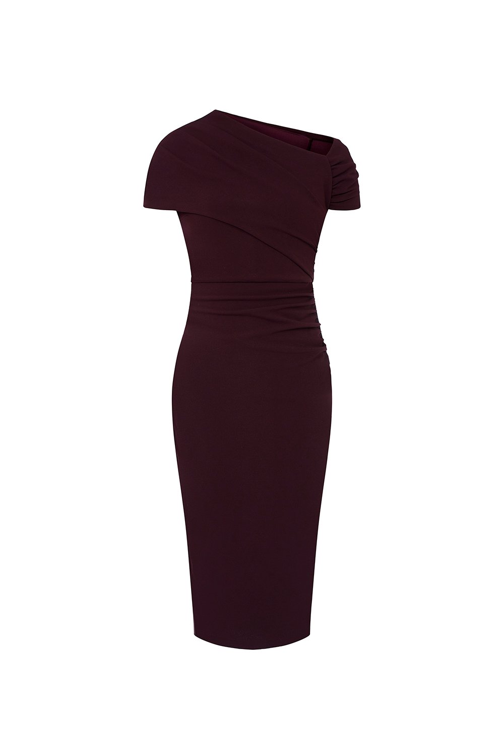 Noa Padded Asymmetrical Neckline Pencil Dress in Deep Burgundy