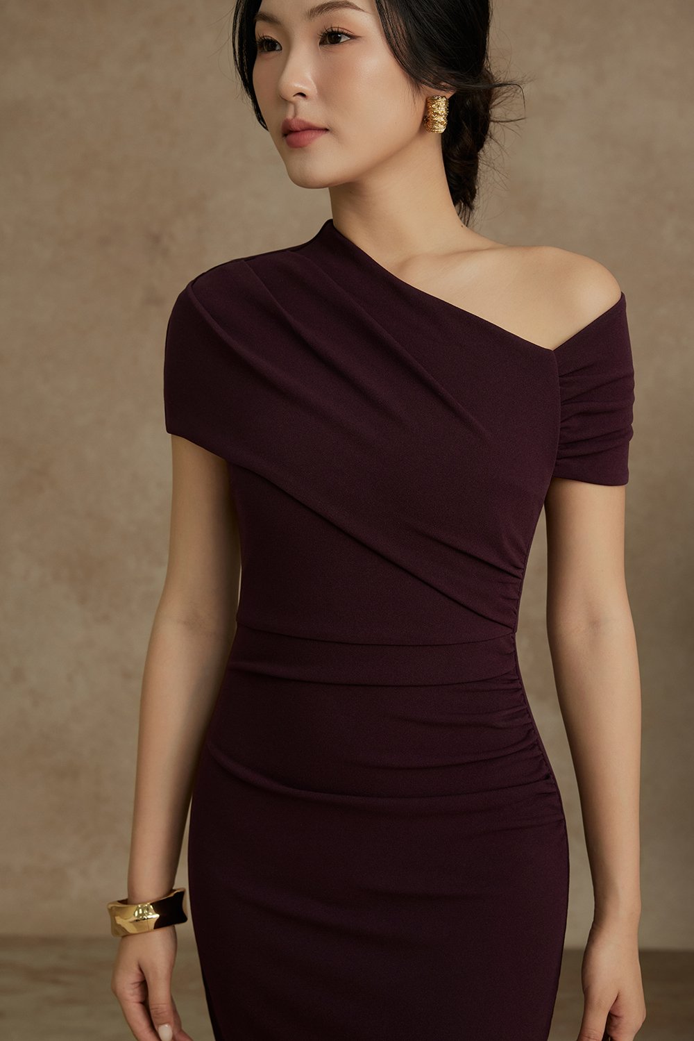 Noa Padded Asymmetrical Neckline Pencil Dress in Deep Burgundy