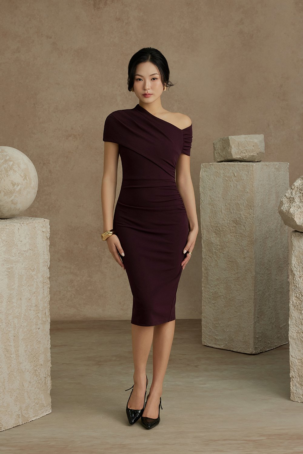 Noa Padded Asymmetrical Neckline Pencil Dress in Deep Burgundy