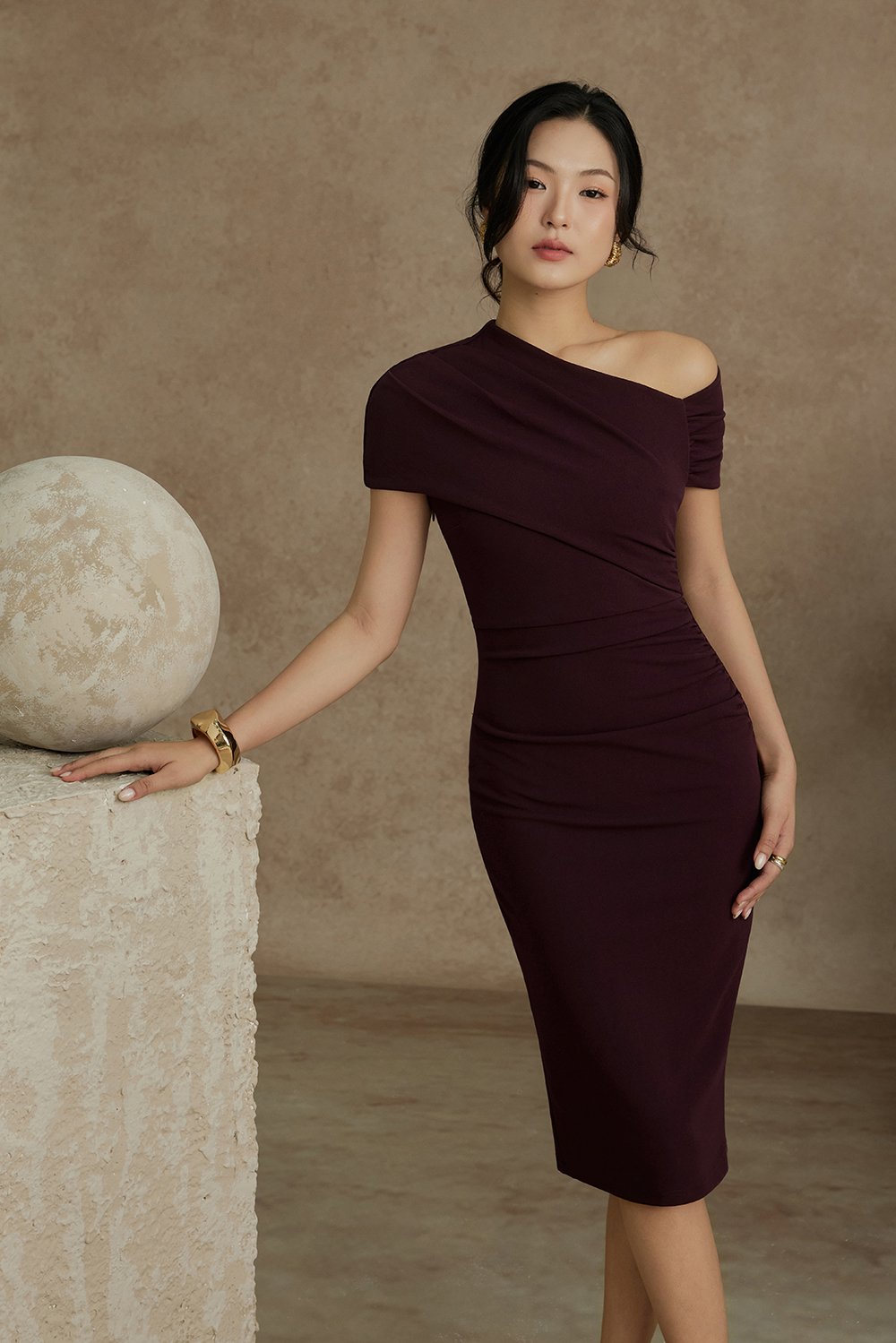 Noa Padded Asymmetrical Neckline Pencil Dress in Deep Burgundy