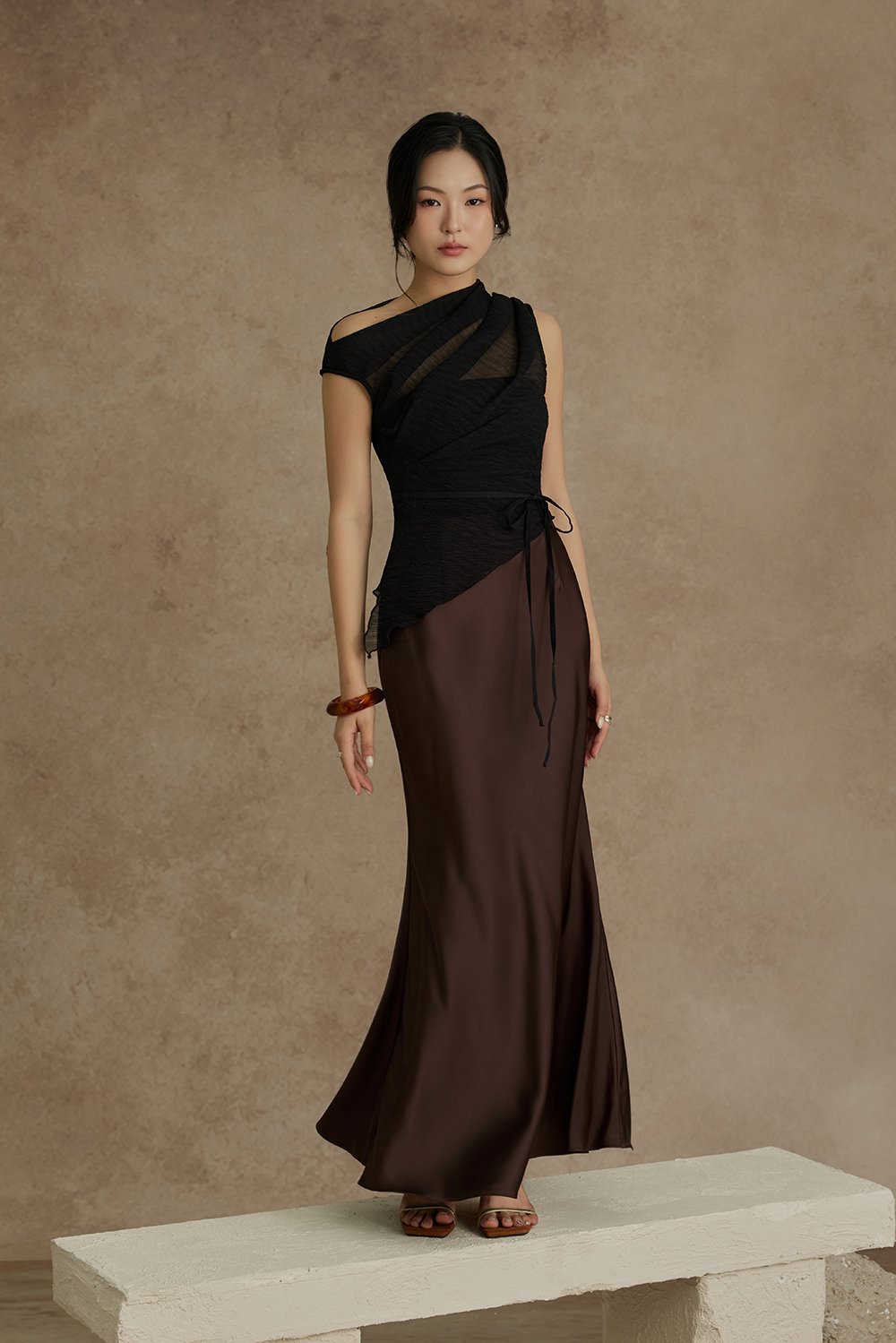 Nyla Satin Mermaid Skirt in Chocolate
