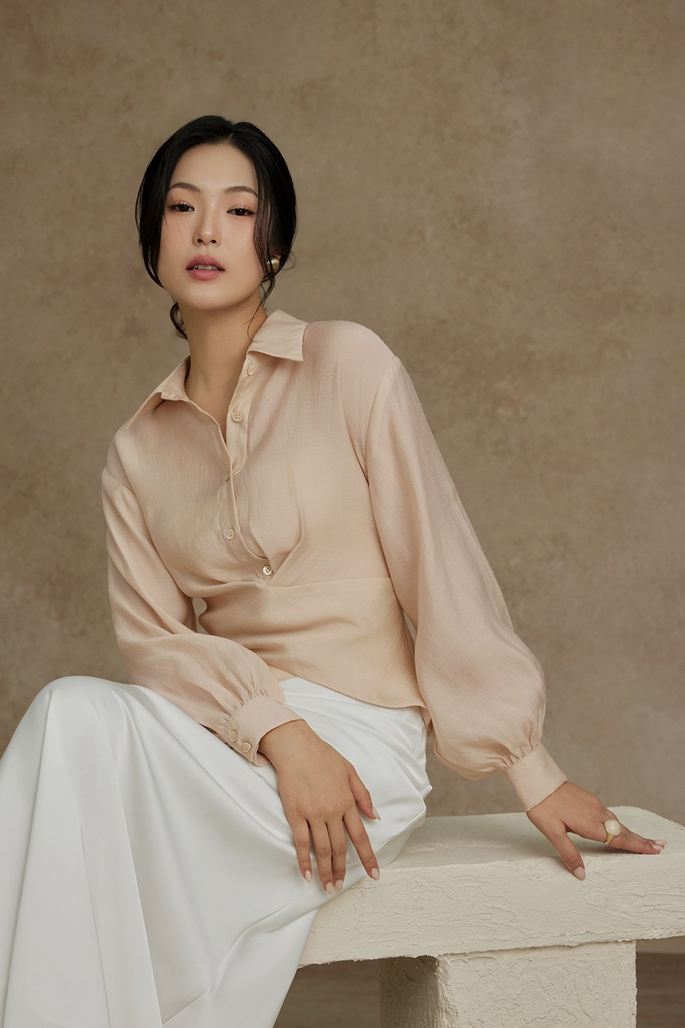 Philippa Front Wrap Shirt with Inner Camisole in Champagne