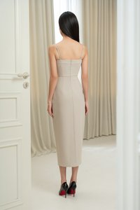 Amora Padded Strappy Tailored Pencil Dress in Greige