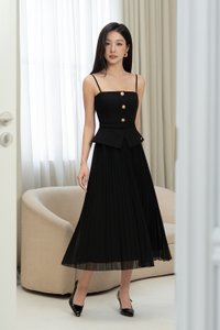 Cyrille Padded Peplum Pleated Dress in Classic Black