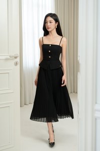 Cyrille Padded Peplum Pleated Dress in Classic Black