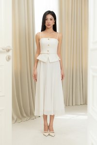 Cyrille Padded Peplum Pleated Dress in Iconic White