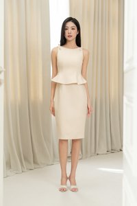 Darlene Padded Bow Peplum Pencil Dress in Cream