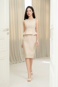 Darlene Padded Bow Peplum Pencil Dress in Cream