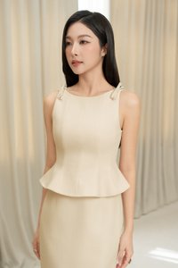 Darlene Padded Bow Peplum Pencil Dress in Cream