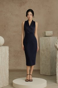 Ethel Satin Wrap Pencil Dress in Navy Blue